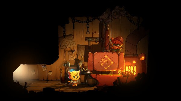 Screenshot from Cat Quest III showing a feline hero near a glowing forge, with a blacksmith cat working in a wooden workshop.
