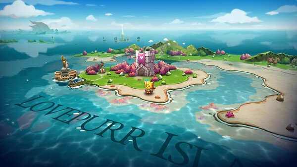 A screenshot from Cat Quest III showing a colorful map of Lovepurr Island with a cat character near a castle surrounded by pink trees.