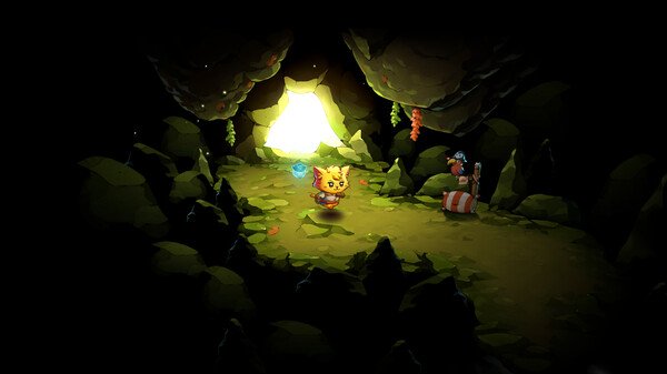 A screenshot from Cat Quest III showing a feline hero exploring a dim cave with glowing light and a striped treasure chest nearby.