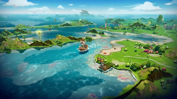 Cat Quest III screenshot: A ship sails across a vibrant, expansive ocean surrounded by lush green islands under a clear blue sky.