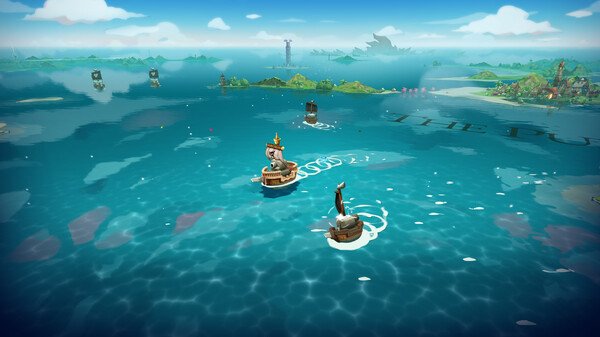 Cat Quest III screenshot: Sailing cats on small boats in a bright blue sea, with islands and distant ships visible under a clear sky.