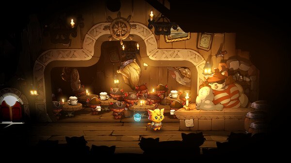 Screenshot from Cat Quest III showing a feline hero in a dimly lit tavern surrounded by pirate cats and glowing objects.