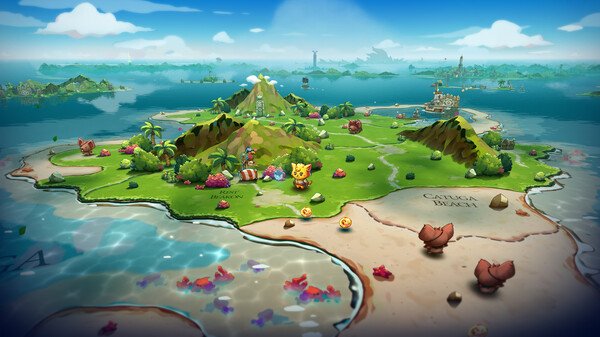 Screenshot from Cat Quest III showing a colorful island map with mountains, beaches, and a character exploring the area.