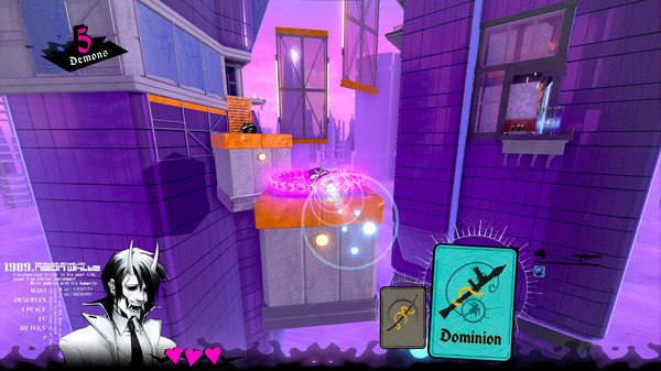 Screenshot from Neon White showing a platforming scene with a character navigating floating platforms and a card labeled 'Dominion'.