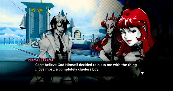 Screenshot from Neon White showing Neon Red speaking to Neon White in a futuristic cityscape with dialogue displayed.