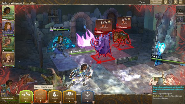 Screenshot from Wildermyth showing characters battling a glowing blue creature and a red enemy in a dungeon setting.