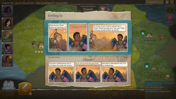 Wildermyth screenshot showing character dialogue and choices during the "Settling In" event in a paused game chapter.