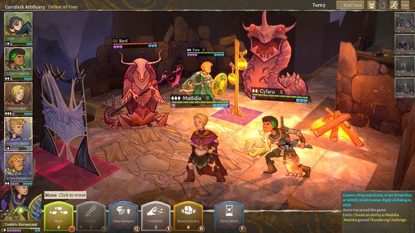 Wildermyth screenshot: Heroes battle monsters in a dungeon, with character stats and options visible on the interface.