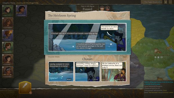 Wildermyth screenshot: A paused scene shows a story panel of characters near a spring, with options for player decisions below.
