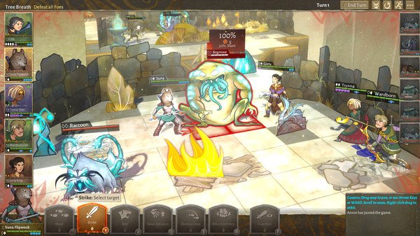 Wildermyth screenshot: Heroes battle an enemy called 'Do Raccoon' in a stone arena, with character stats visible on screen.