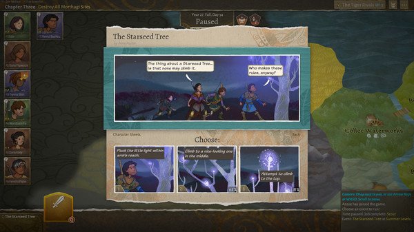 Wildermyth screenshot: A dialogue scene shows four characters discussing a Starseed Tree, with a map visible on the right.