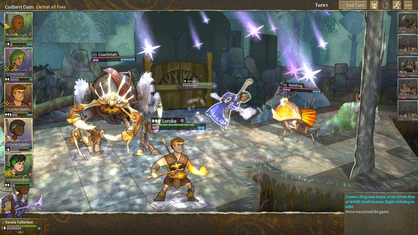 Wildermyth screenshot: Fantasy battle scene with heroes facing mythical creatures in front of a gate. Character stats visible on the side.