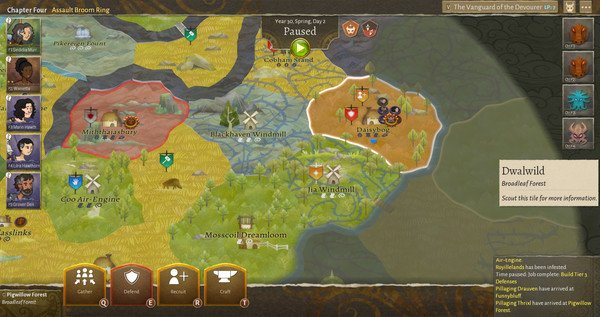 Wildermyth screenshot: A game map showing regions, characters, and objectives, with Dwalwild highlighted for scouting.