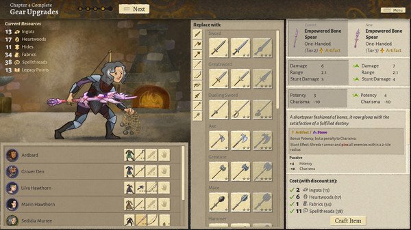 Screenshot from Wildermyth: Character upgrading gear in a menu, holding a glowing weapon, with stats and resources visible.