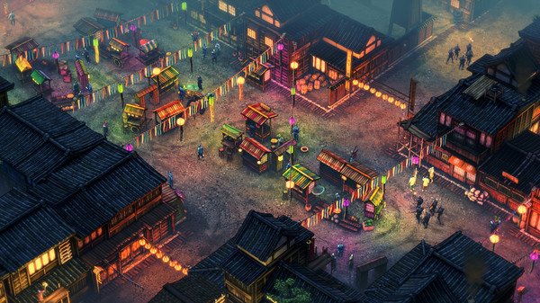 A screenshot from Shadow Tactics: Blades of the Shogun showing a vibrant night market with lanterns and scattered characters.