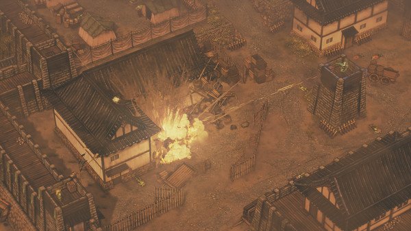 Screenshot from Shadow Tactics: Blades of the Shogun showing an explosive blast in a Japanese village surrounded by wooden structures.
