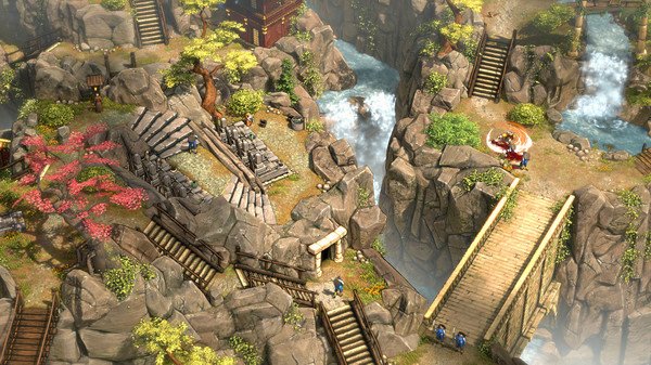 Screenshot of 'Shadow Tactics: Blades of the Shogun' shows a mountainous terrain with bridges, stairs, and a rushing river.