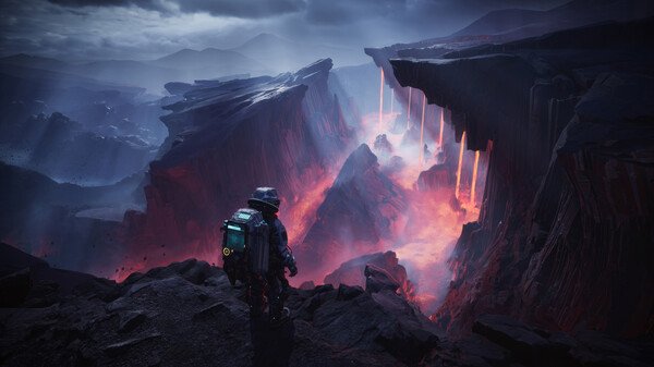 Screenshot from The Alters showing a lone astronaut overlooking a fiery canyon with glowing lava flows under a dark sky.