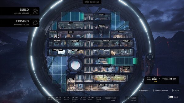 Screenshot from The Alters showing a circular base structure with labeled rooms and modules against a dark, mountainous backdrop.