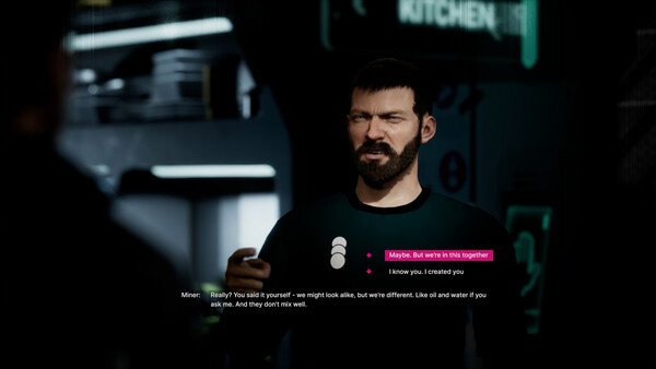 Screenshot from The Alters showing a character with dialogue options in a futuristic setting featuring dark lighting and machinery.
