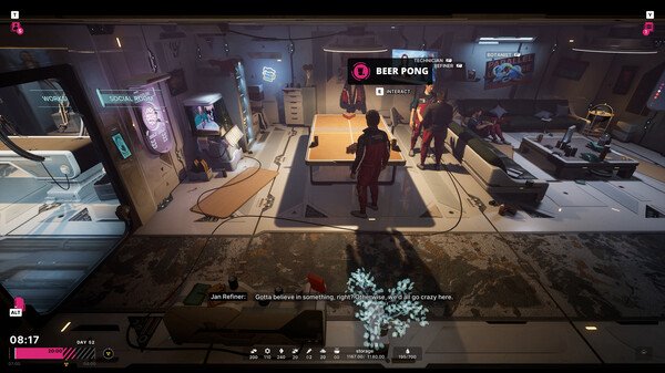 Screenshot from The Alters showing characters in a futuristic room playing beer pong with various equipment visible.