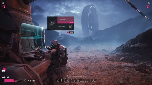 Screenshot from 'The Alters' showing a character interacting with a workstation in a rocky landscape under a cloudy sky.