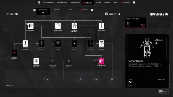 Screenshot from 'The Alters' showing a research tree with suit upgrades, icons, and text detailing radiation resistance improvements.