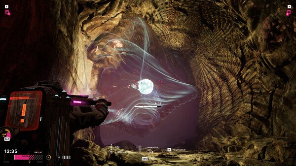 Screenshot from The Alters showing a player character exploring a cave with glowing, swirling patterns on the walls.