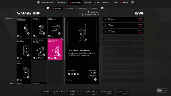 Screenshot from 'The Alters' showing the game interface with item selection for production at ADV. METALS OUTPOST.