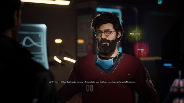 Screenshot from The Alters showing a character labeled "Jan Doctor" discussing his needs, with "Motivation" and "Anxiety" indicators visible.
