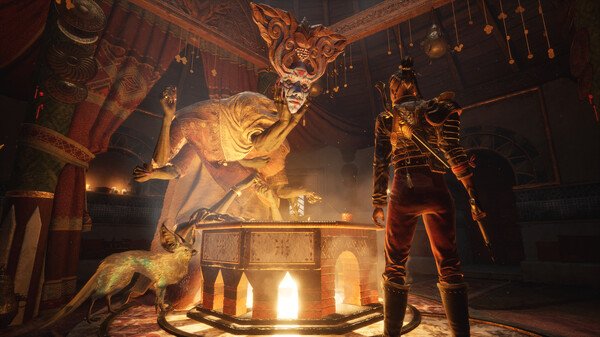 Screenshot from Flintlock: The Siege of Dawn showing a character facing a towering creature near a glowing circular stone table.
