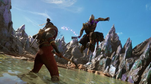 Screenshot from 'Flintlock: The Siege of Dawn' showing a warrior facing a leaping foe in a rocky, water-filled landscape.