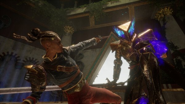 Screenshot from Flintlock: The Siege of Dawn showing a protagonist battling a glowing, armored enemy in an ornate, overgrown setting.