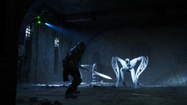A Hell is Us screenshot featuring a lone warrior with a glowing sword facing a mysterious white-winged creature in a dark room.