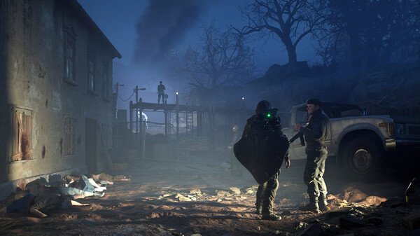 A Hell is Us screenshot showing two characters facing off near an abandoned house, with a figure on a platform in the background.