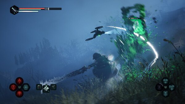 Screenshot from 'Hell is Us' showing a player battling a glowing green creature with a sword in a misty environment.