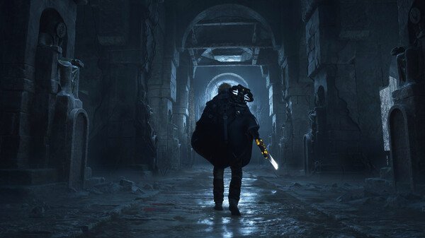 A screenshot from Hell is Us shows a lone figure holding a glowing sword, standing in a dark, ancient stone hallway.