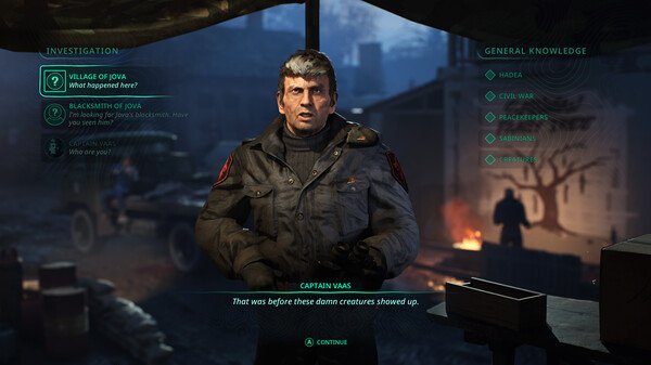 Screenshot from "Hell is Us" showing Captain Vias in a conversation menu, with investigation options visible on the left.