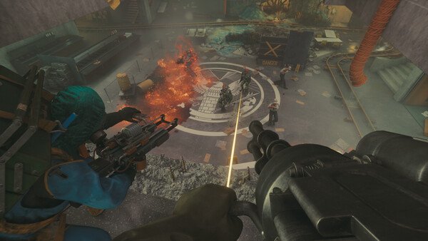 Screenshot from FBC: Firebreak showing a player aiming a machine gun at enemies near a fiery explosion in an industrial setting.