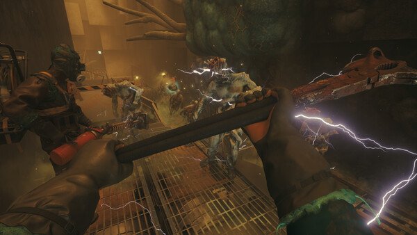 Screenshot from FBC: Firebreak showing a player wielding an electrified weapon against approaching zombie-like creatures on a metal walkway.