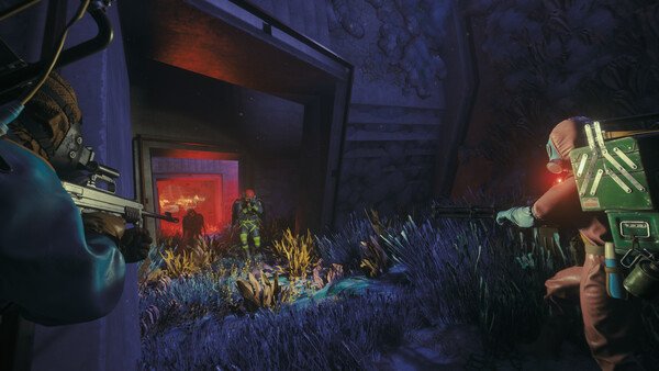 FBC: Firebreak screenshot showing armed characters in hazmat suits exploring a dark, alien environment with glowing plants.