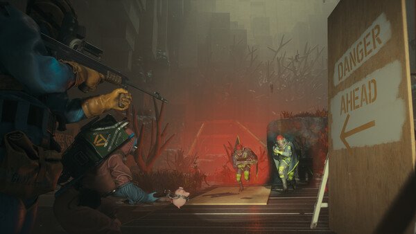 FBC: Firebreak screenshot showing armed players near a "Danger Ahead" sign, facing two glowing enemies in a foggy environment.