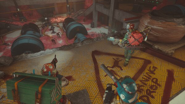 FBC: Firebreak screenshot showing players in hazard suits battling alien creatures in a damaged industrial facility.