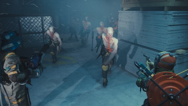 Screenshot of FBC: Firebreak showing two players fighting a group of zombie-like enemies in a dimly lit industrial area.