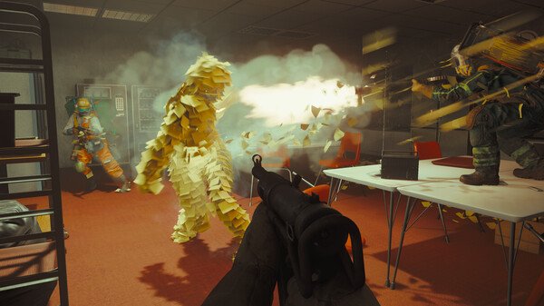 Screenshot from FBC: Firebreak showing a player aiming a weapon at a fiery creature in an intense office setting.