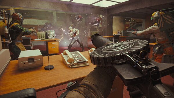 Screenshot from FBC: Firebreak showing a player aiming a weapon at an enemy in an office setting with chaos unfolding.