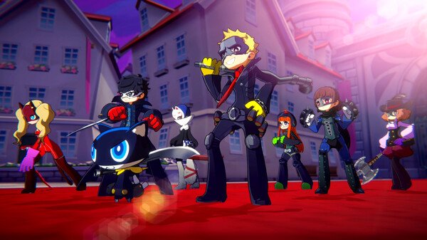 Screenshot from Persona 5 Tactica showing masked characters in dynamic poses on a red carpet with buildings in the background.