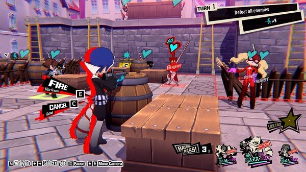 Persona 5 Tactica screenshot: Turn-based combat scene shows characters aiming at enemies near barrels in a vibrant courtyard.
