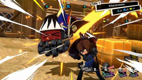 Screenshot from Persona 5 Tactica showing a dynamic battle scene with a character attacking an enemy in a vibrant setting.