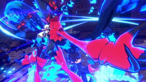 Screenshot from Persona 5 Tactica showing a dynamic battle scene with Joker and enemies surrounded by vibrant blue effects.